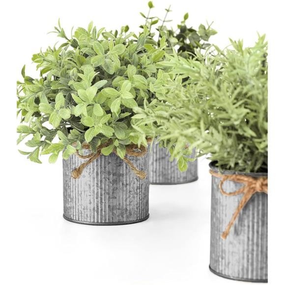 Mini Fake Plants in Farmhouse Galvanized Metal Pots Table Centerpiece Rustic - Picture 6 of 7